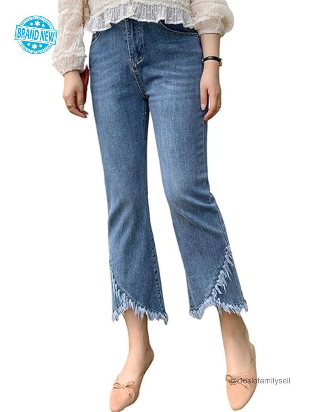 Women's Stretch Denim Jeans Ripped Distressed Frayed Hem Cropped Tassel Fringe